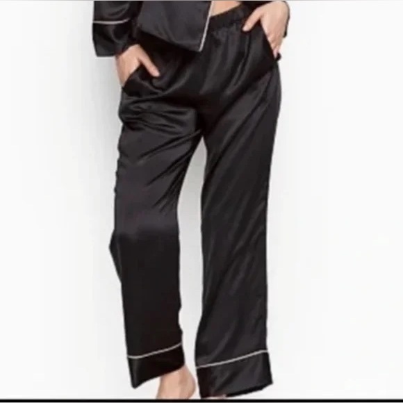 Victoria’s Secret Black Satin With Pink Trim Lounge Sleep Pants Size Large - Picture 2 of 12